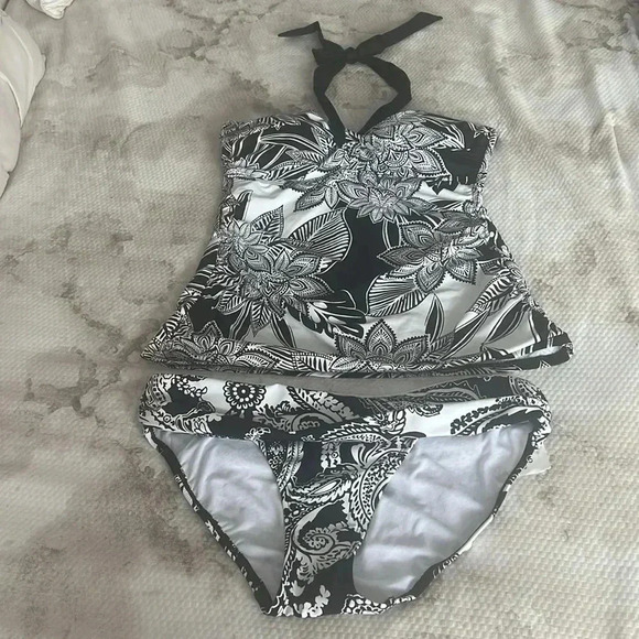 Lauren Ralph Lauren Black Graphic Floral Twist Tankini Swimsuit Sz 8 Bottom Sz 6 - Picture 6 of 9